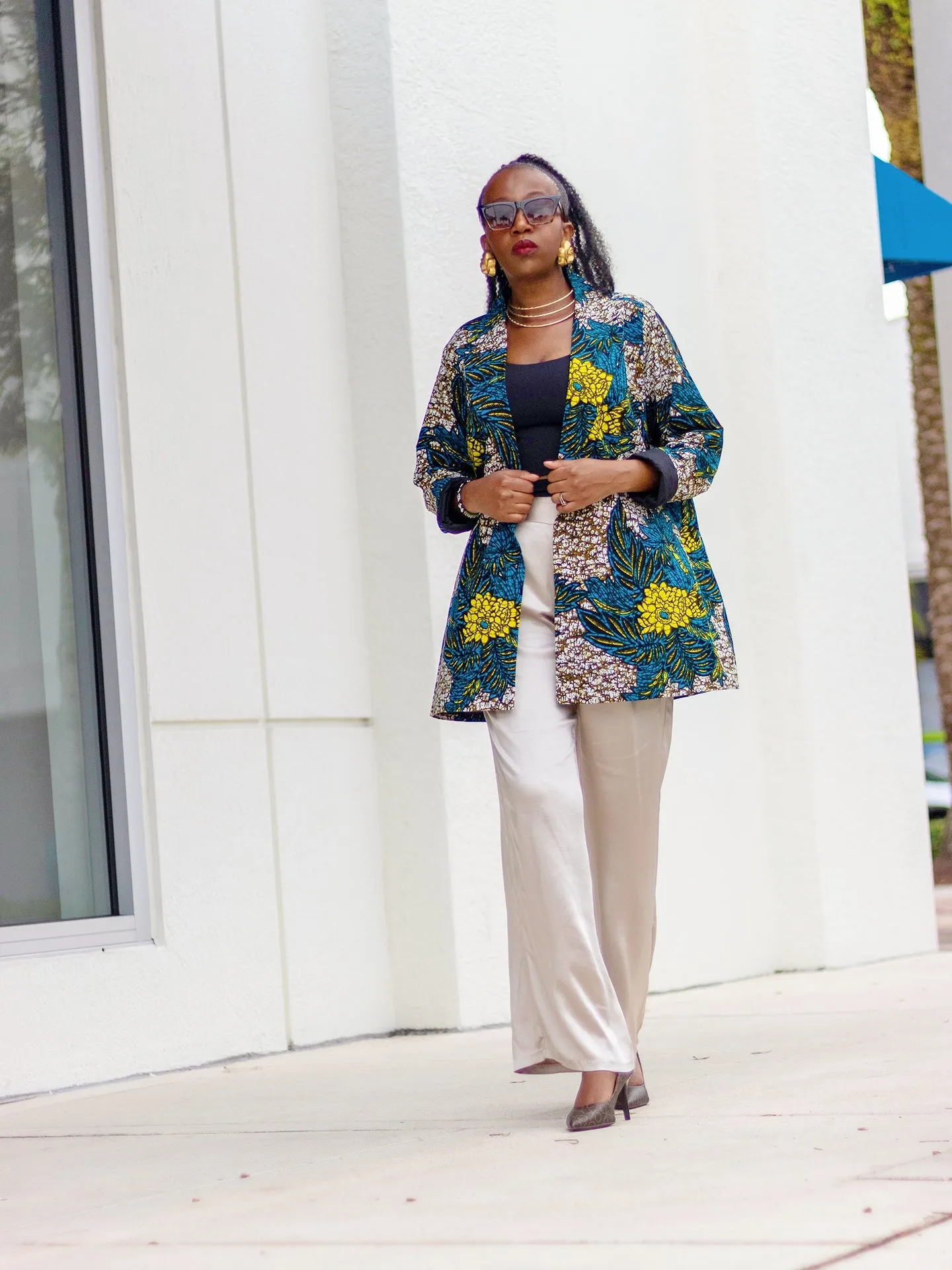 African Print/Ankara /Kitenge Women Blazer With Pockets  - Blue/Yellow/Beige Floral Print