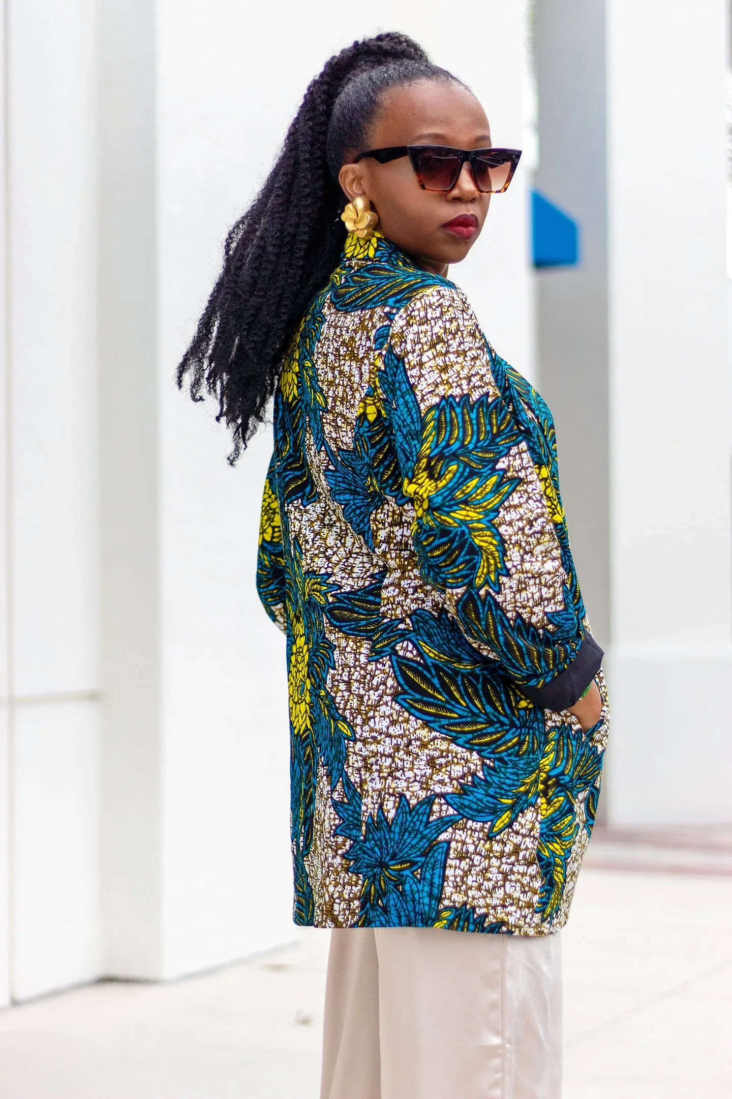 African Print/Ankara /Kitenge Women Blazer With Pockets  - Blue/Yellow/Beige Floral Print
