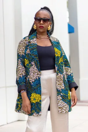 African Print/Ankara /Kitenge Women Blazer With Pockets  - Blue/Yellow/Beige Floral Print