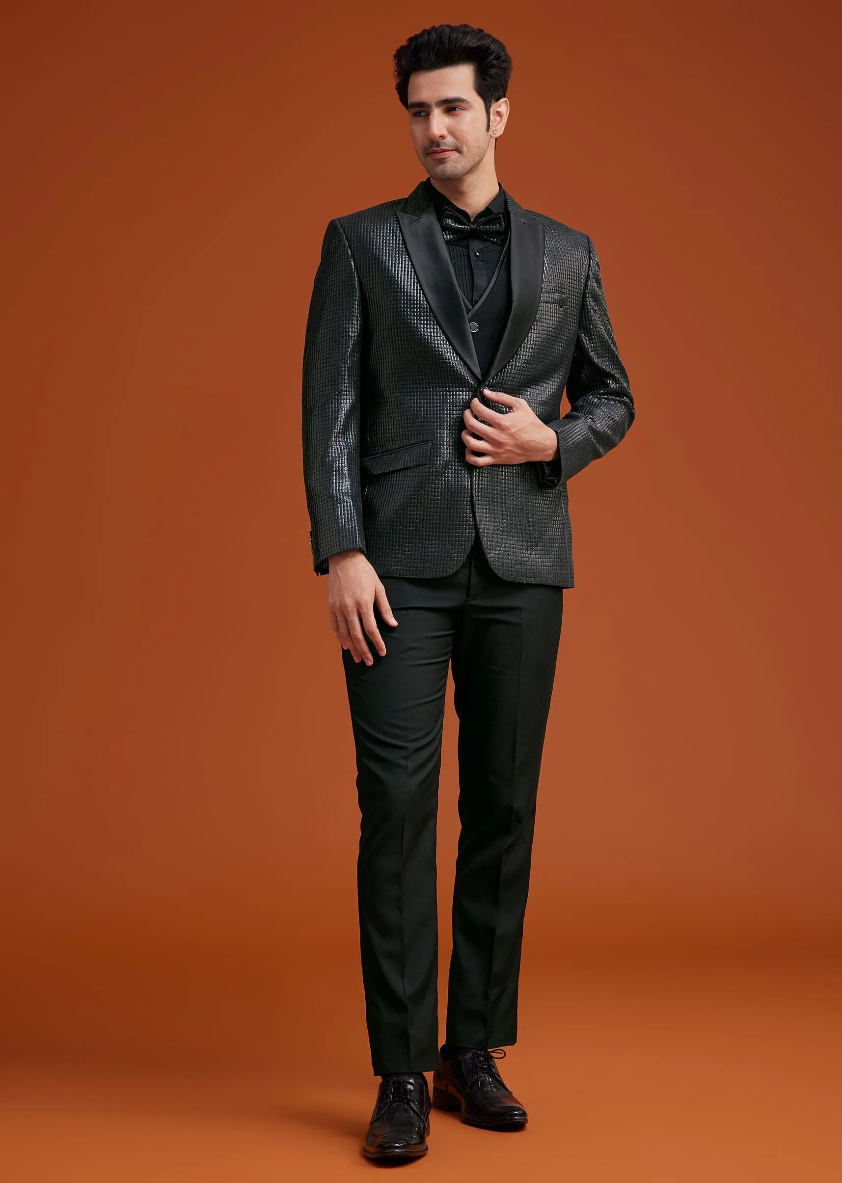 Black Textured Tuxedo With Satin Peak Lapels