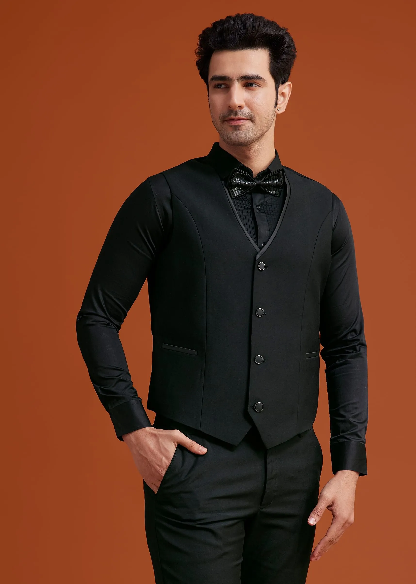 Black Textured Tuxedo With Satin Peak Lapels
