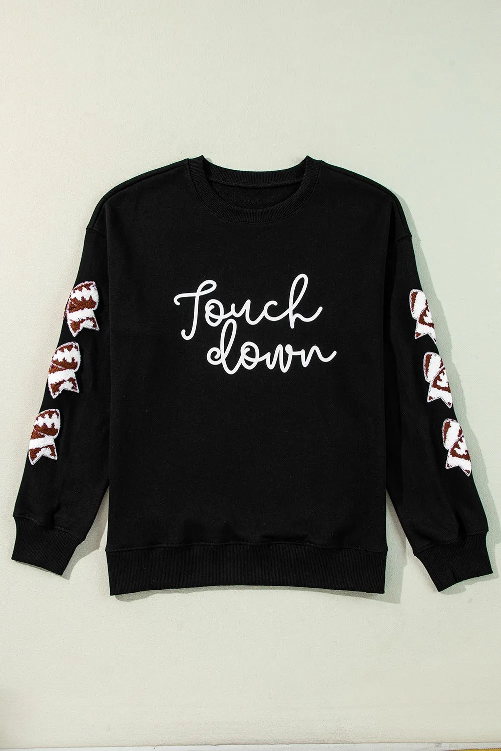 Black touch down Graphic Rugby Football Bowknot Patched Sleeve Sweatshirt