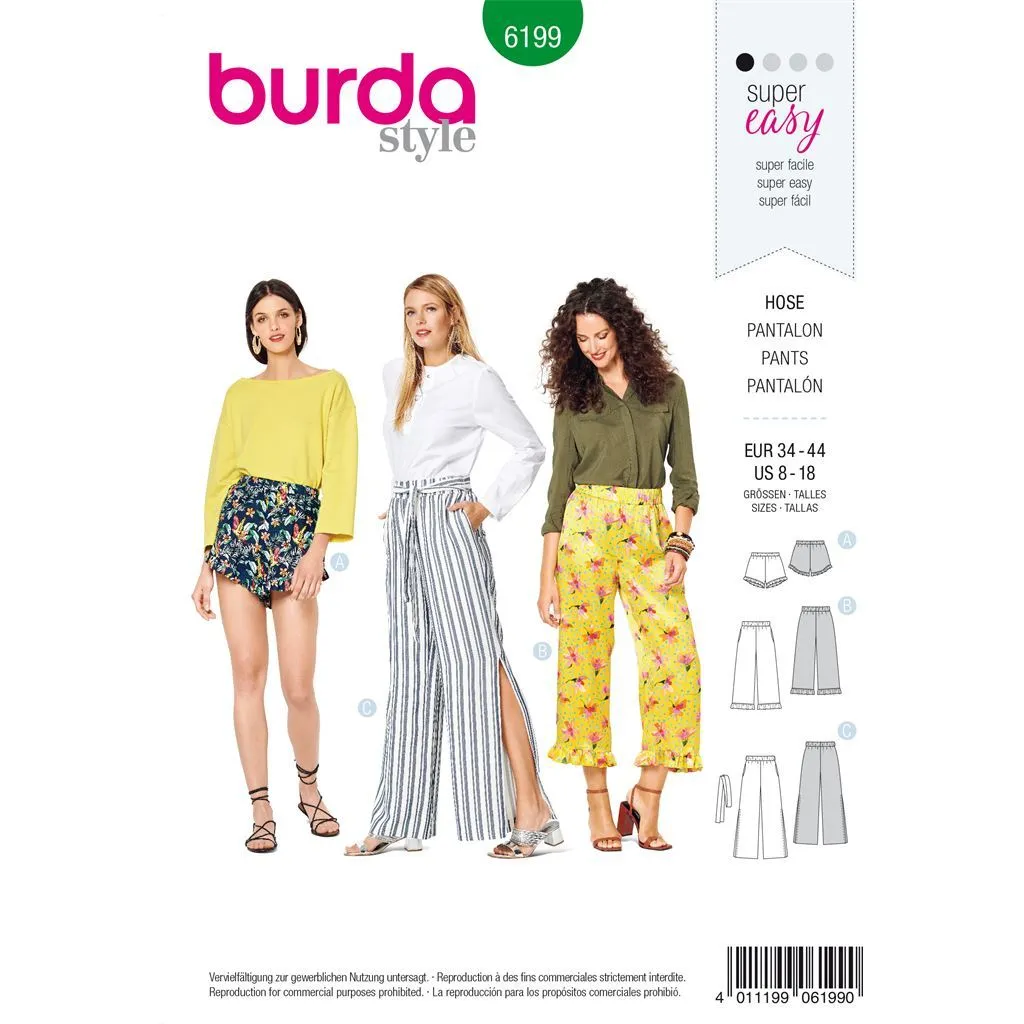 Burda Style Pattern 6199 Misses' Trousers / Pants - Shorts - Elastic Waist - Hem Frills