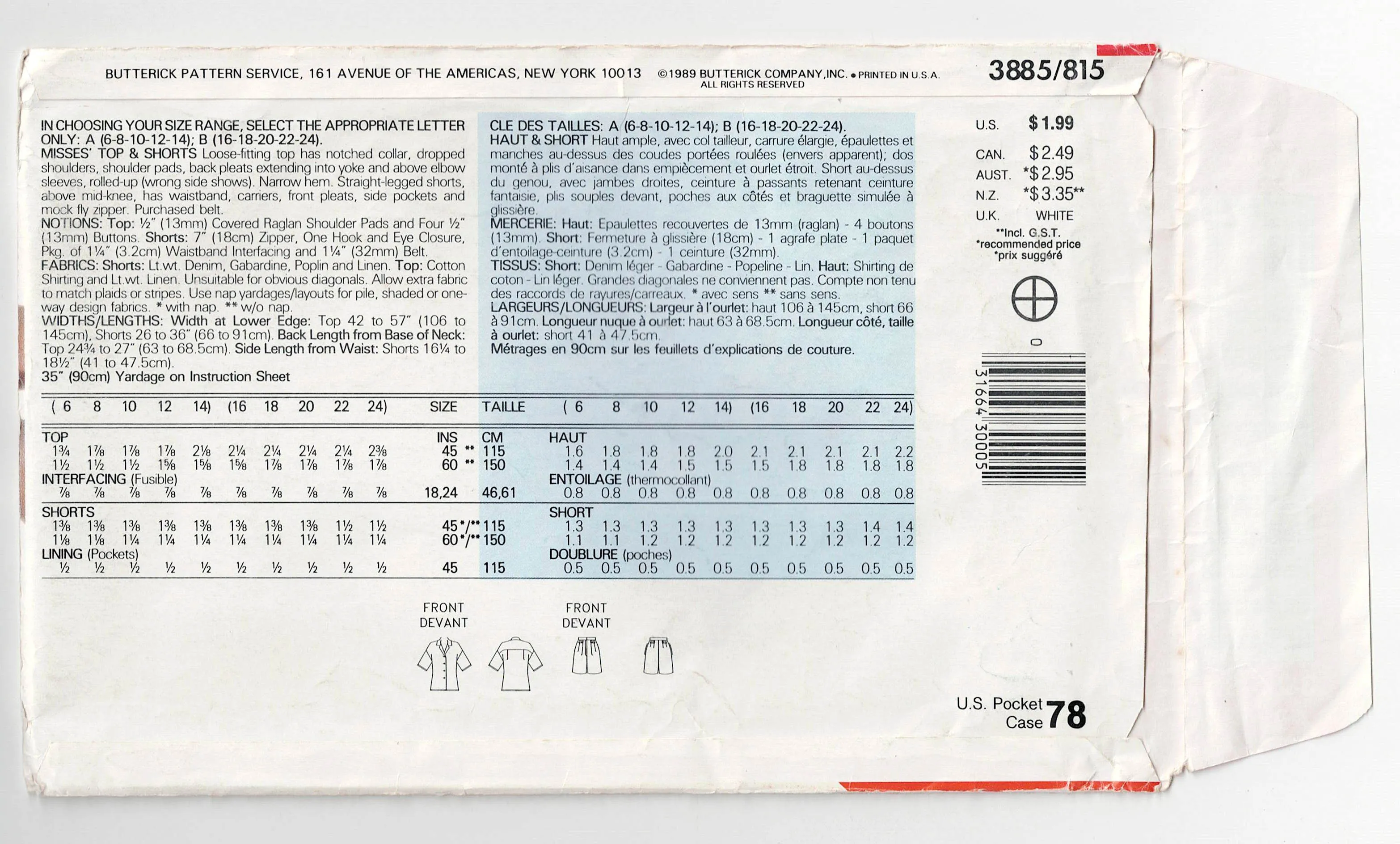 Butterick See & Sew 3885 Womens Shirt & Shorts 1980s Vintage Sewing Pattern Sizes 16 - 24 UNCUT Factory Folded