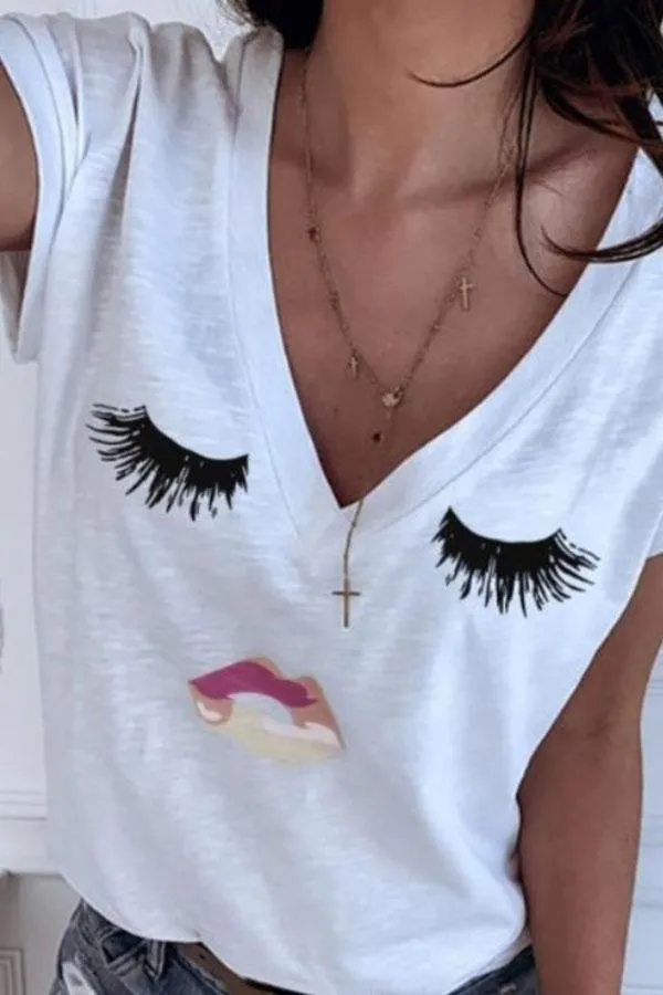 Casual V Neck Print T-Shirt