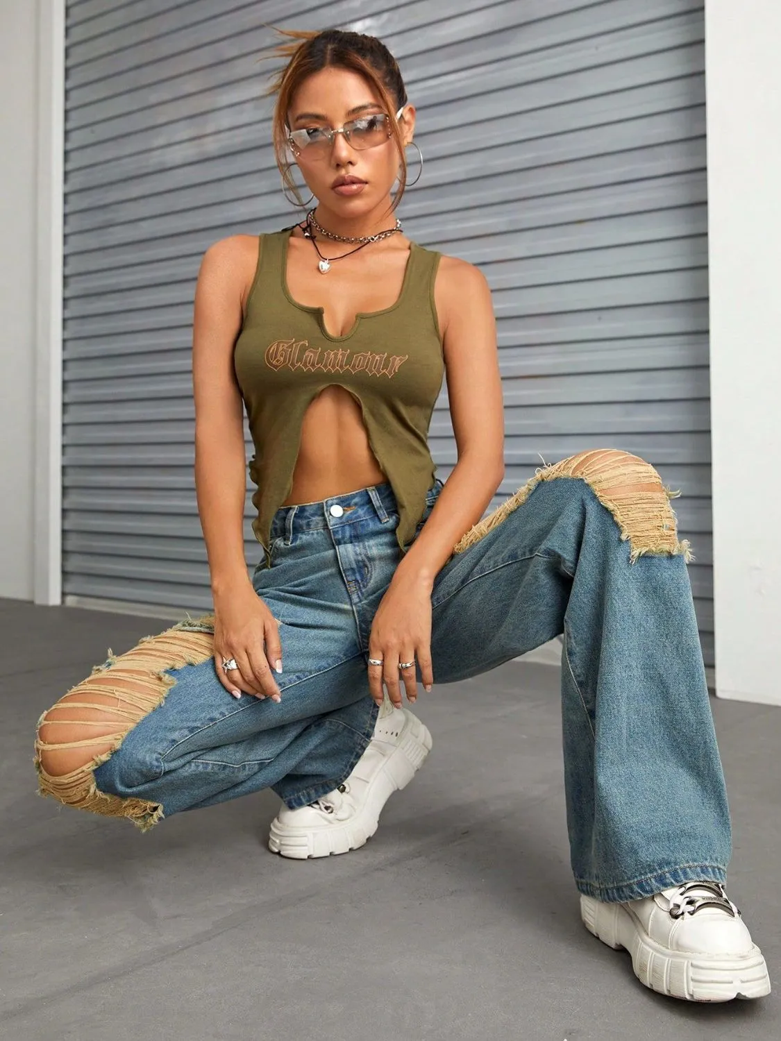 Chic Distressed Wide Leg Denim Trousers with Pockets