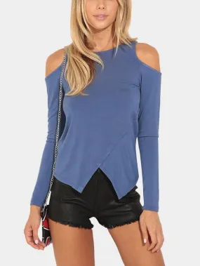 Custom Round Neck Cold Shoulder Crossed Front Long Sleeve Irregular Hem Blue T-Shirts