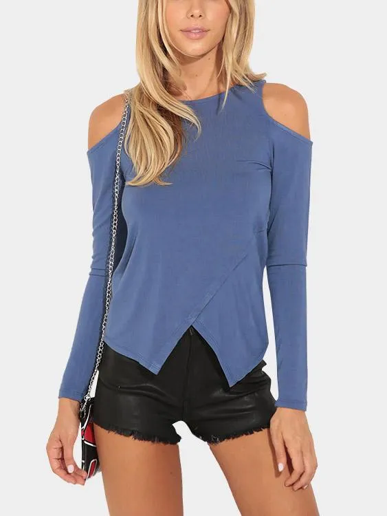 Custom Round Neck Cold Shoulder Crossed Front Long Sleeve Irregular Hem Blue T-Shirts
