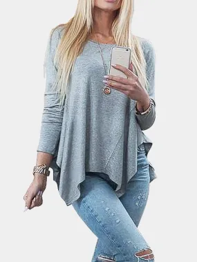Custom Round Neck Lace Pleated Long Sleeve Irregular Hem Grey T-Shirts