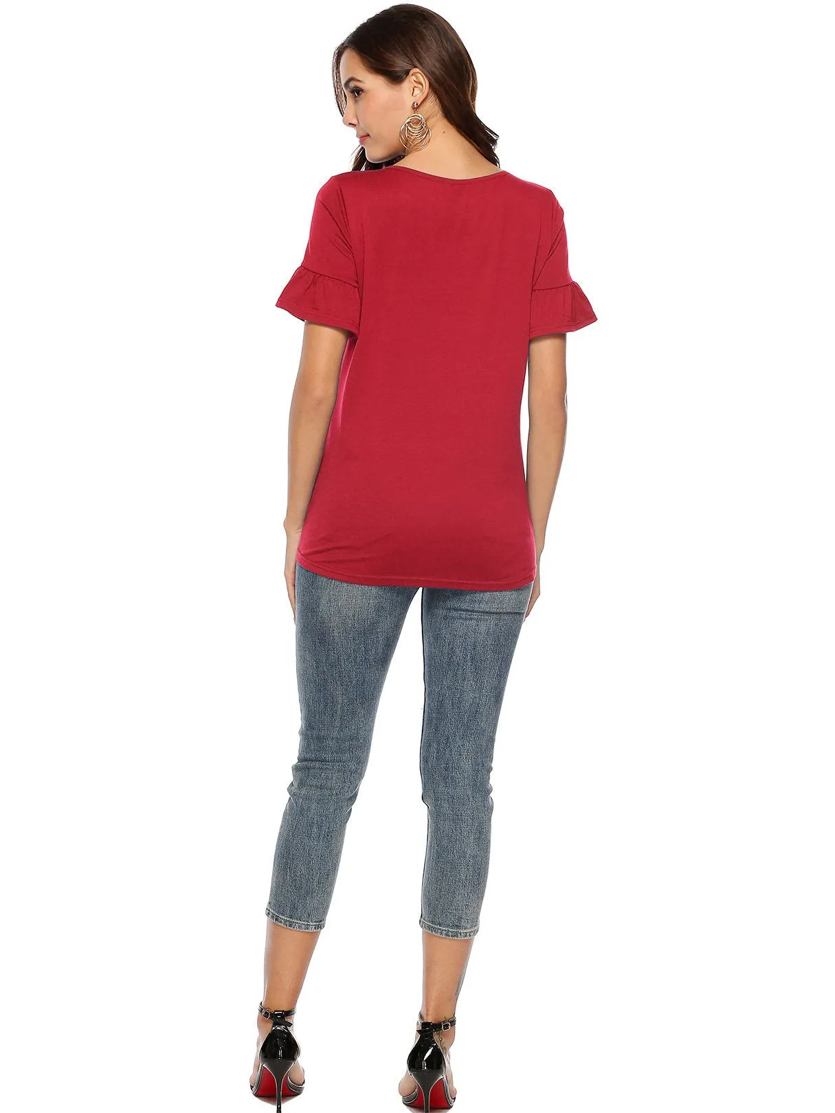 Custom Round Neck Ruffle Trim Twist Short Sleeve T-Shirts