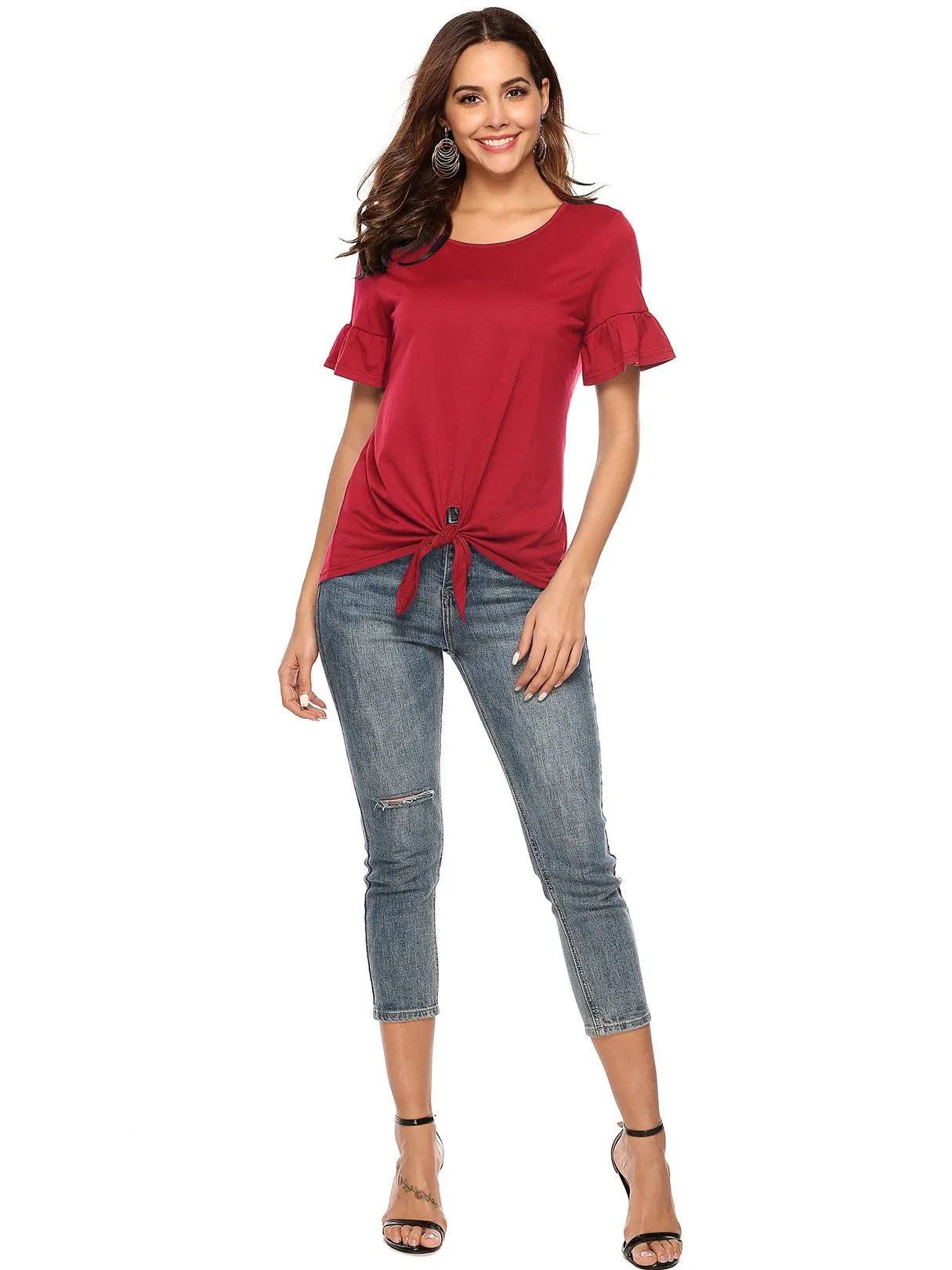 Custom Round Neck Ruffle Trim Twist Short Sleeve T-Shirts
