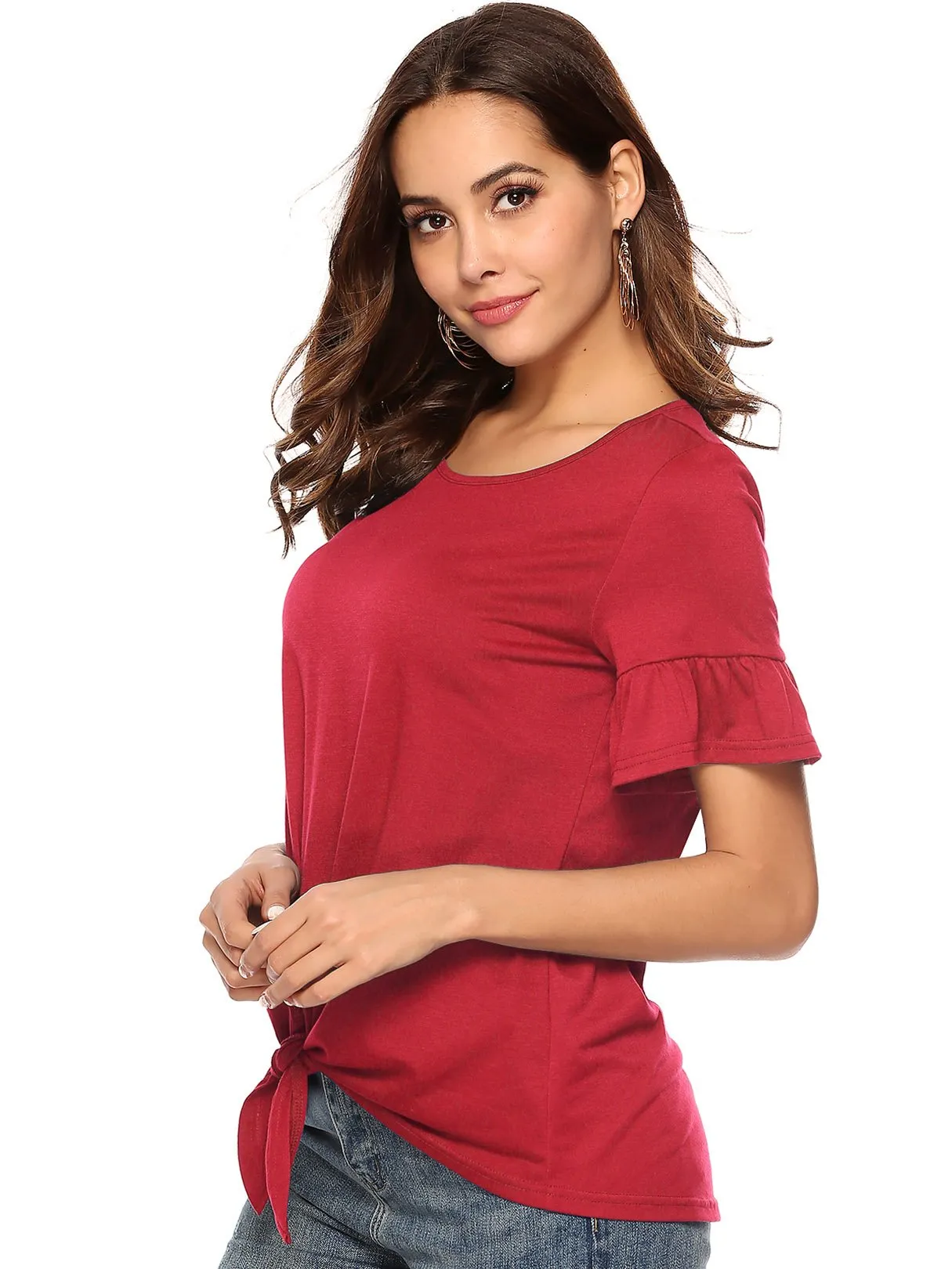 Custom Round Neck Ruffle Trim Twist Short Sleeve T-Shirts