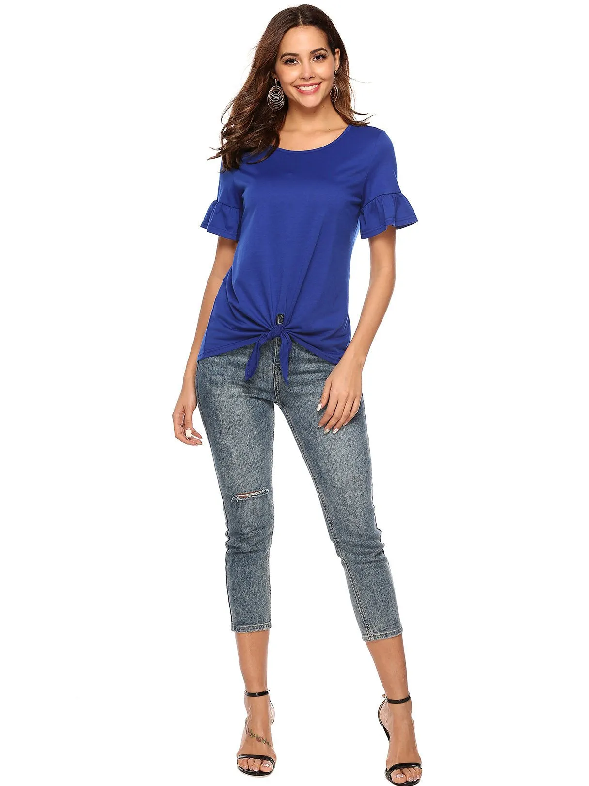 Custom Round Neck Ruffle Trim Twist Short Sleeve T-Shirts