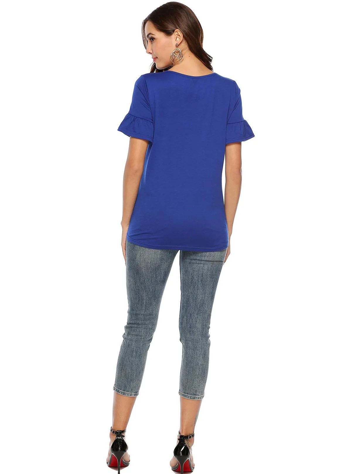 Custom Round Neck Ruffle Trim Twist Short Sleeve T-Shirts