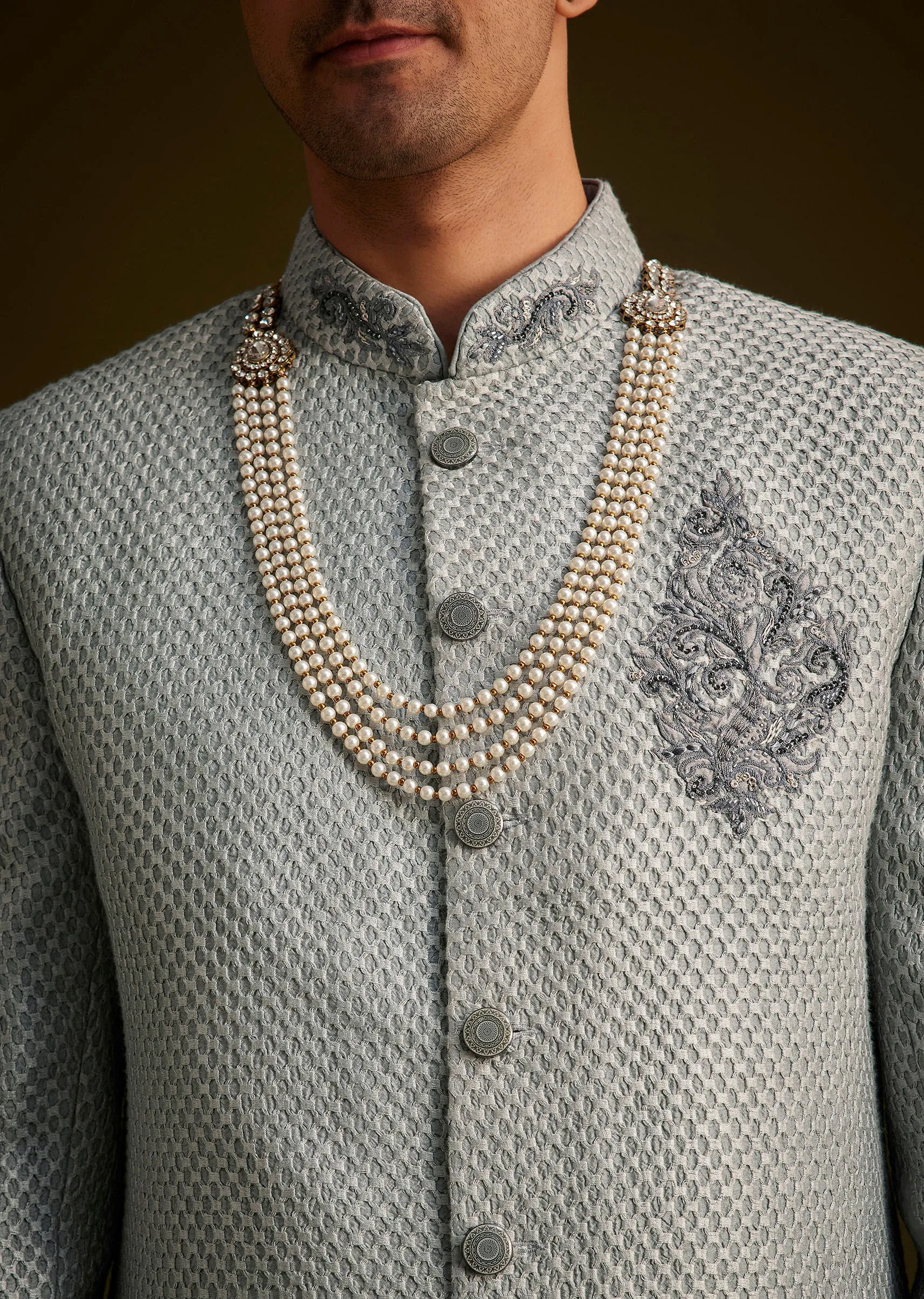 Grey Embroidered Sherwani Set