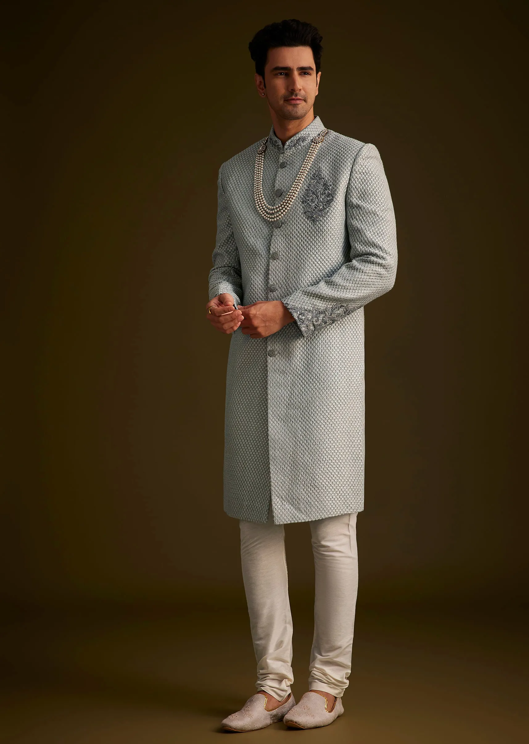 Grey Embroidered Sherwani Set