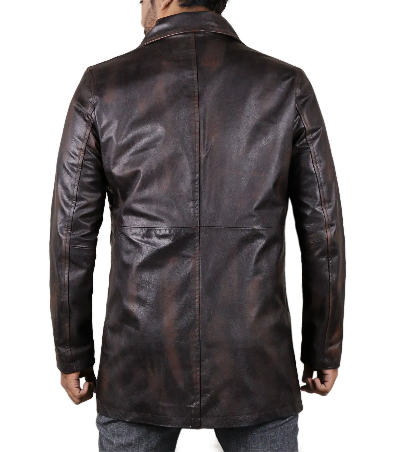 Leather Jackets Hub Mens Genuine Cow Ruboff Leather Over Coat (Black-Rubboff, Classic Coat) - 1702050