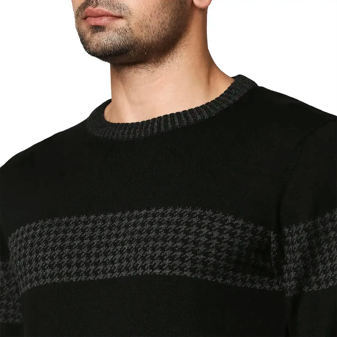 Men Black Intarsia Wool Blend Round Collar Sweaters