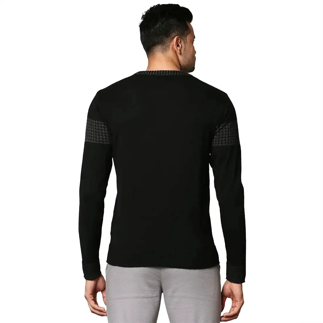 Men Black Intarsia Wool Blend Round Collar Sweaters