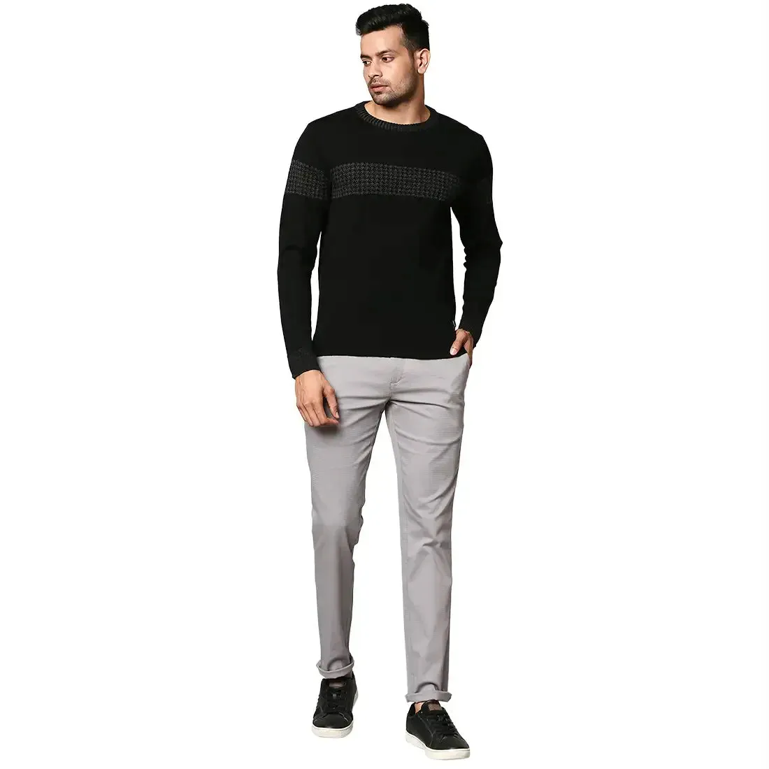 Men Black Intarsia Wool Blend Round Collar Sweaters
