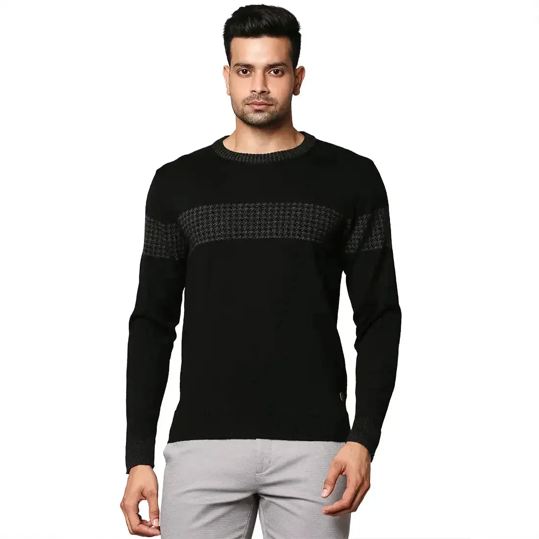 Men Black Intarsia Wool Blend Round Collar Sweaters