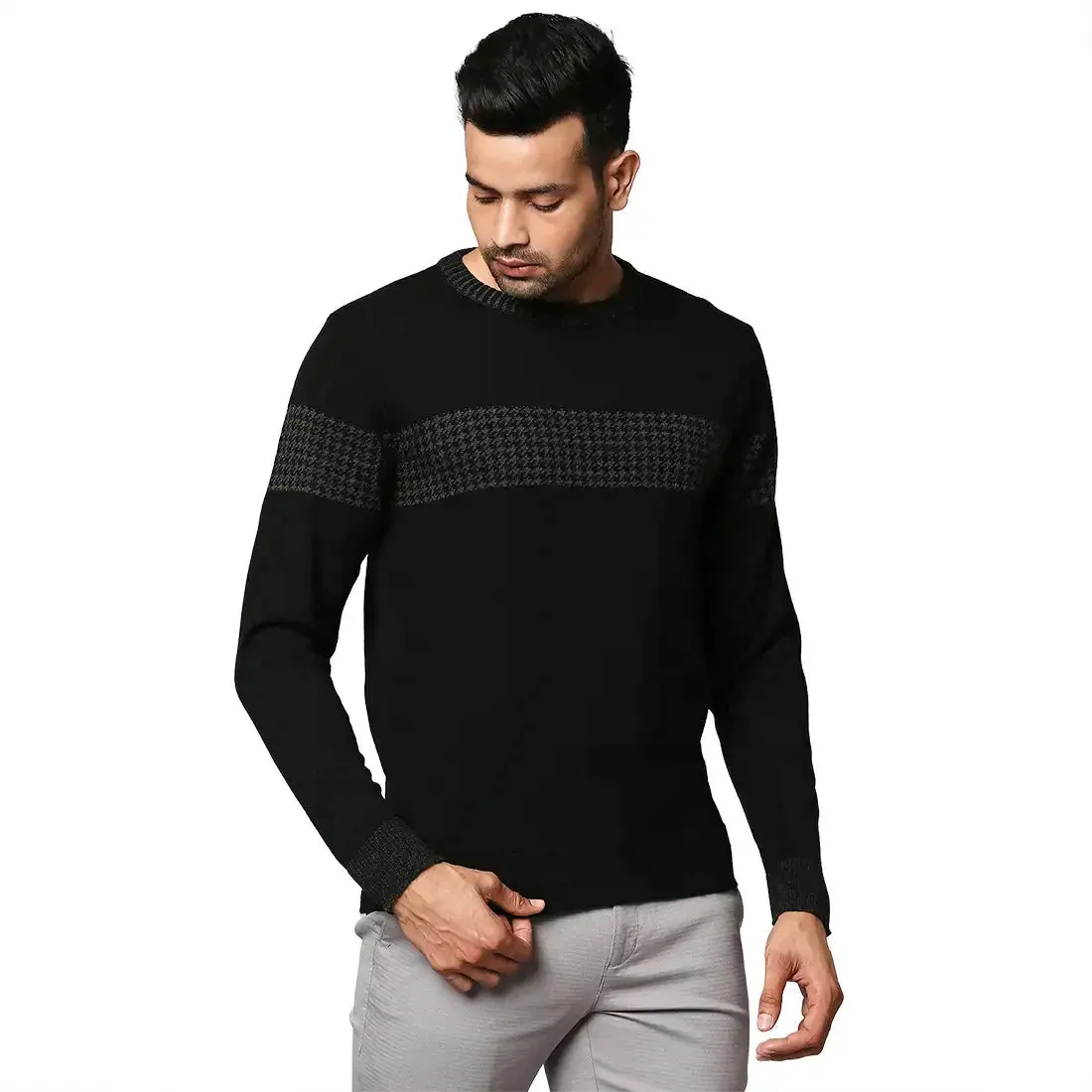 Men Black Intarsia Wool Blend Round Collar Sweaters