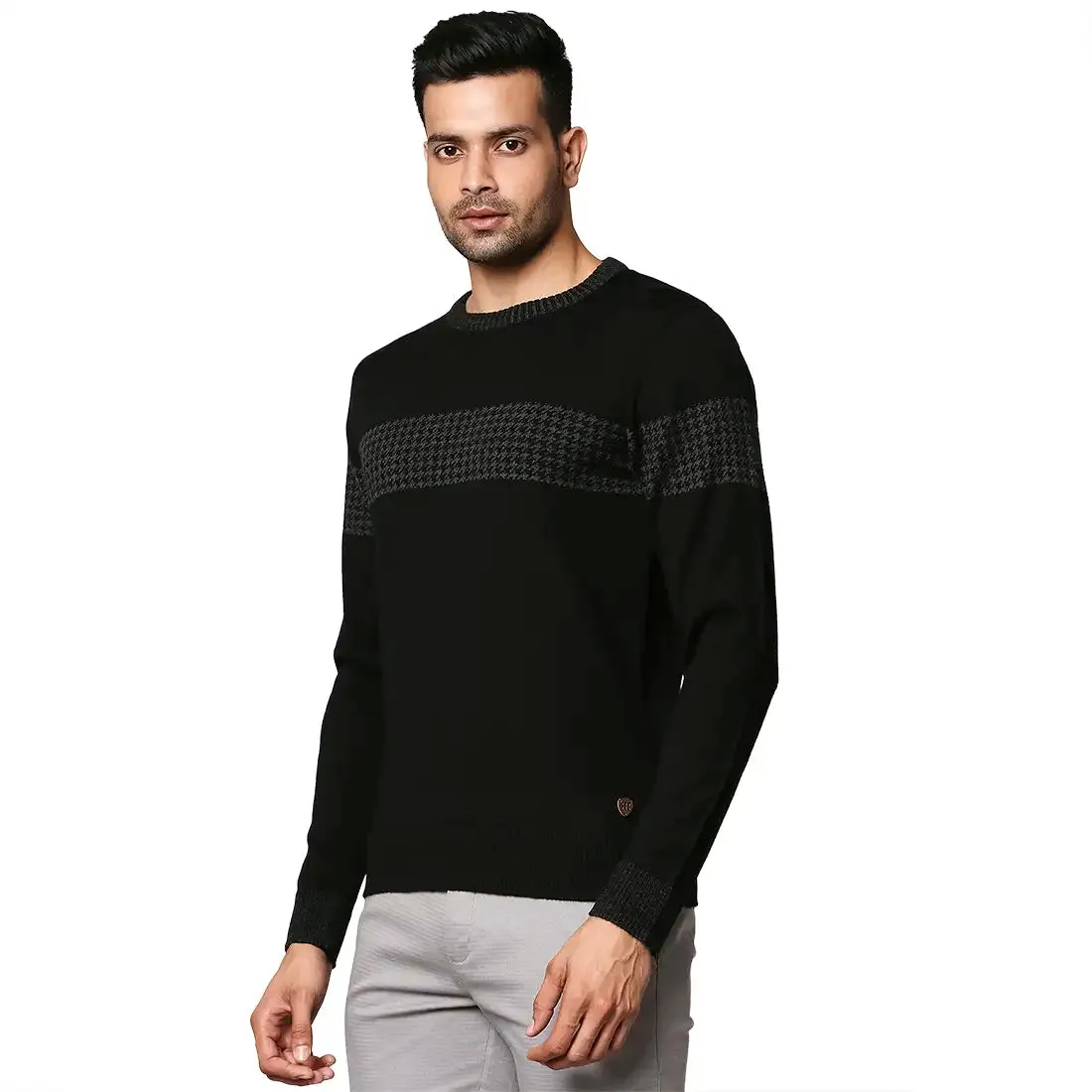 Men Black Intarsia Wool Blend Round Collar Sweaters