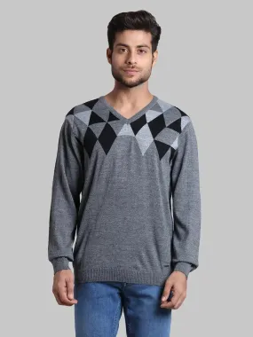 Men Black Regular Fit Argyle Wool Blend Full Sleeve V Neck Collar Sweaters