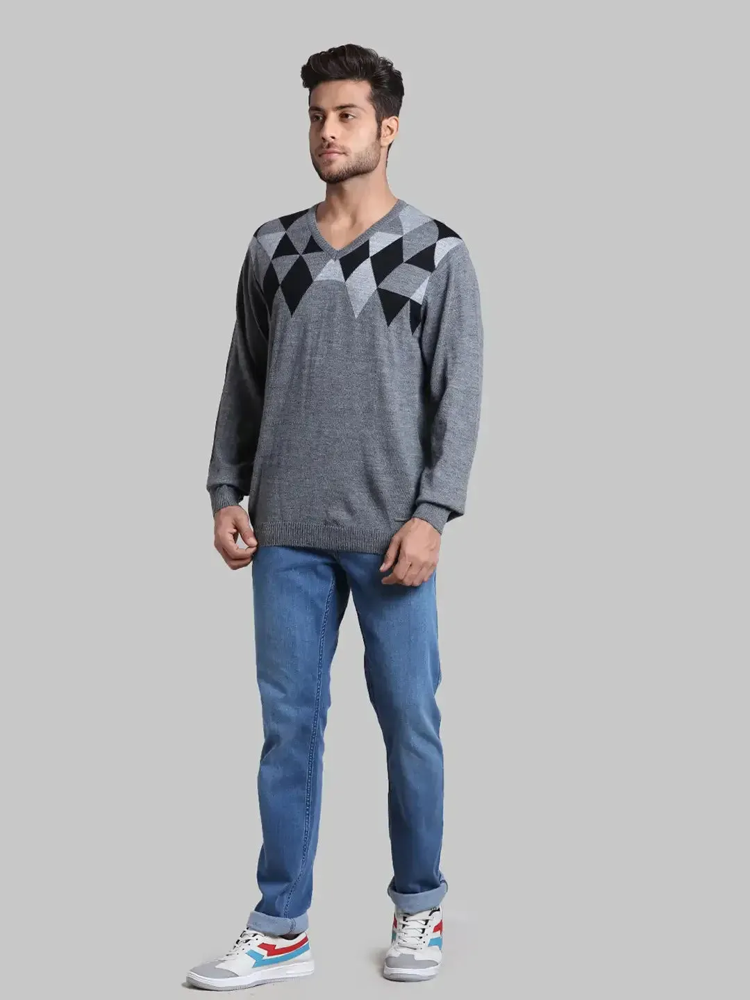 Men Black Regular Fit Argyle Wool Blend Full Sleeve V Neck Collar Sweaters