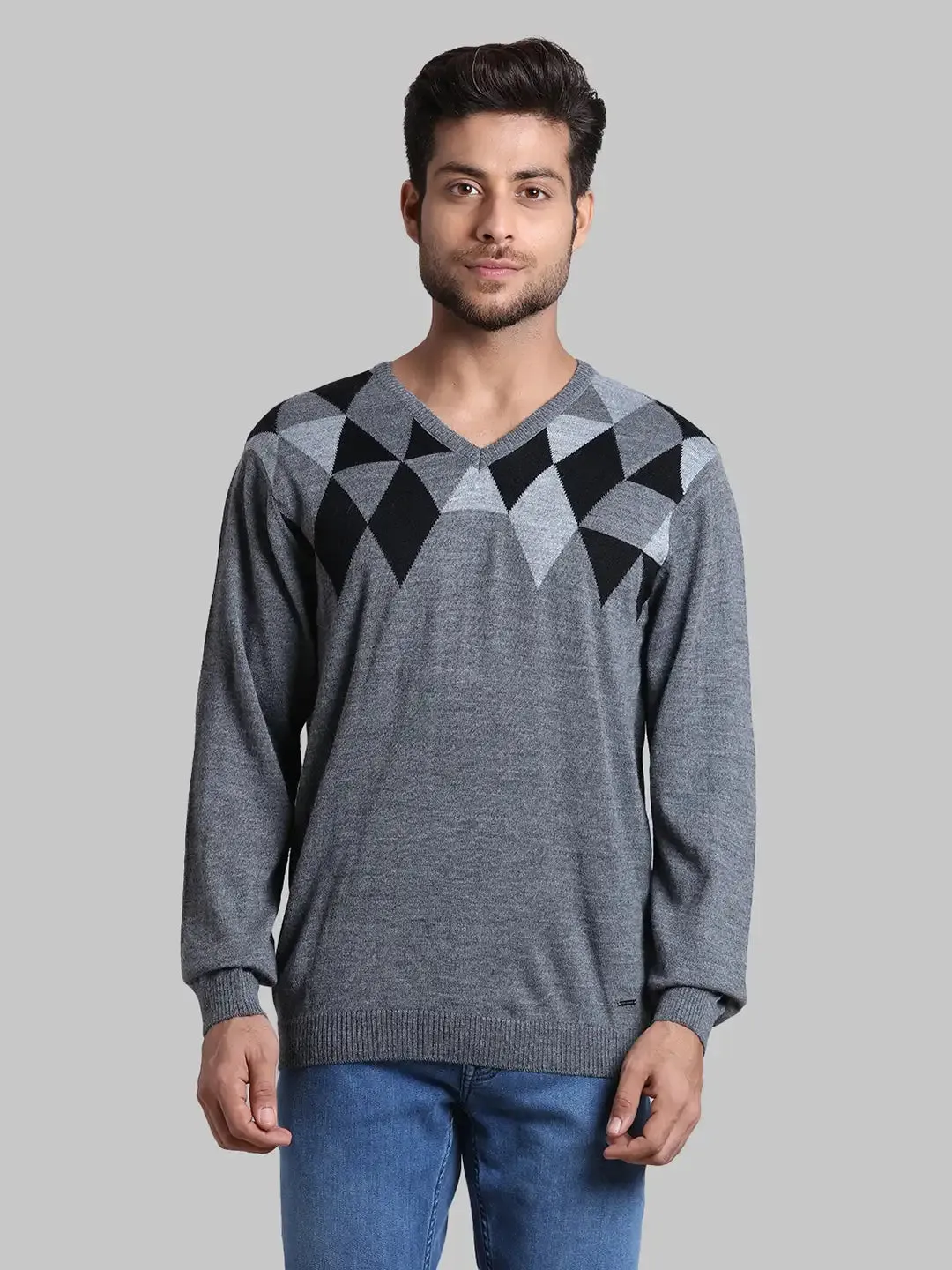 Men Black Regular Fit Argyle Wool Blend Full Sleeve V Neck Collar Sweaters