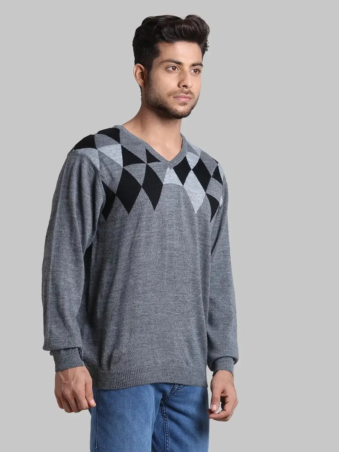 Men Black Regular Fit Argyle Wool Blend Full Sleeve V Neck Collar Sweaters