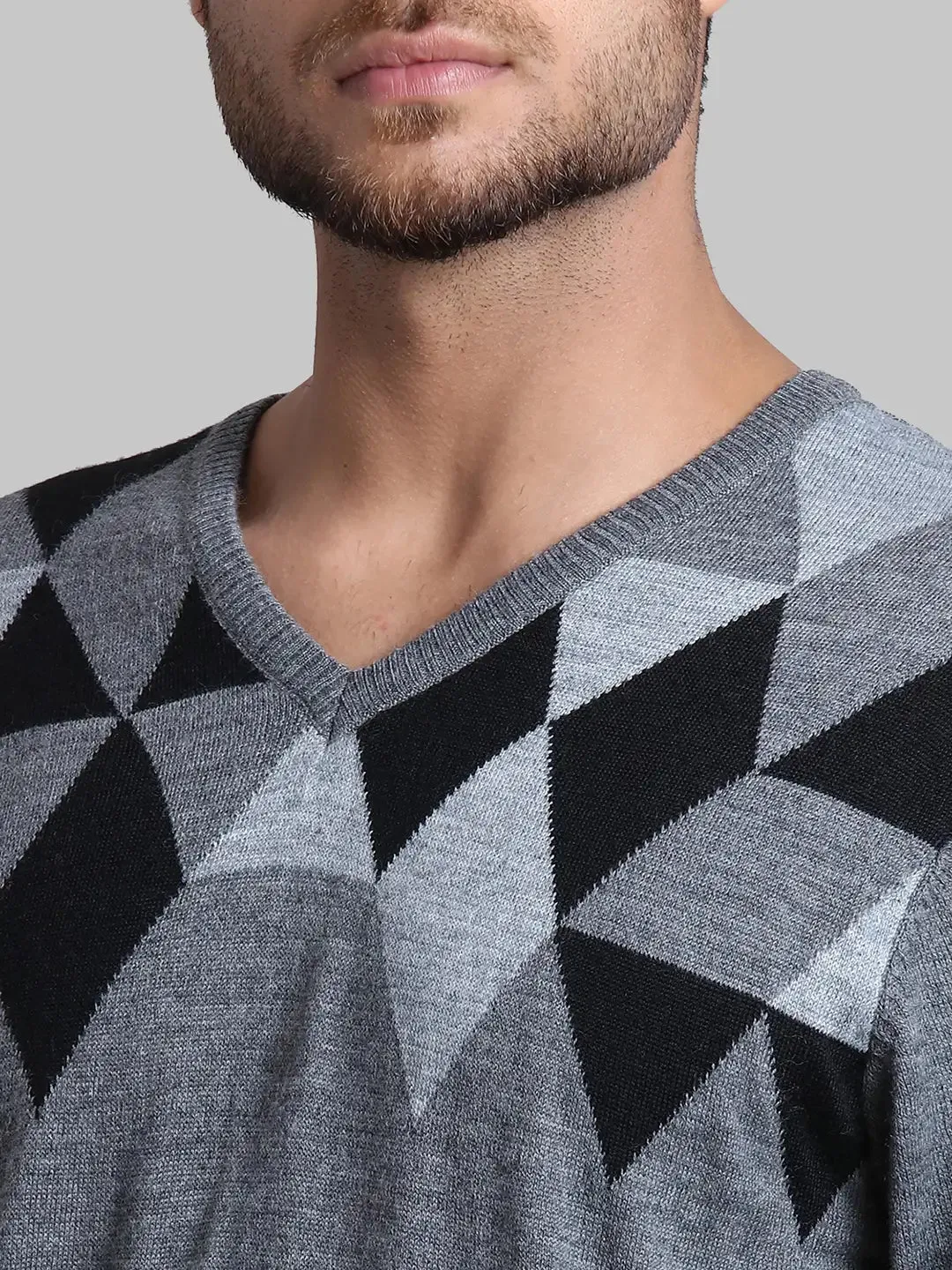 Men Black Regular Fit Argyle Wool Blend Full Sleeve V Neck Collar Sweaters