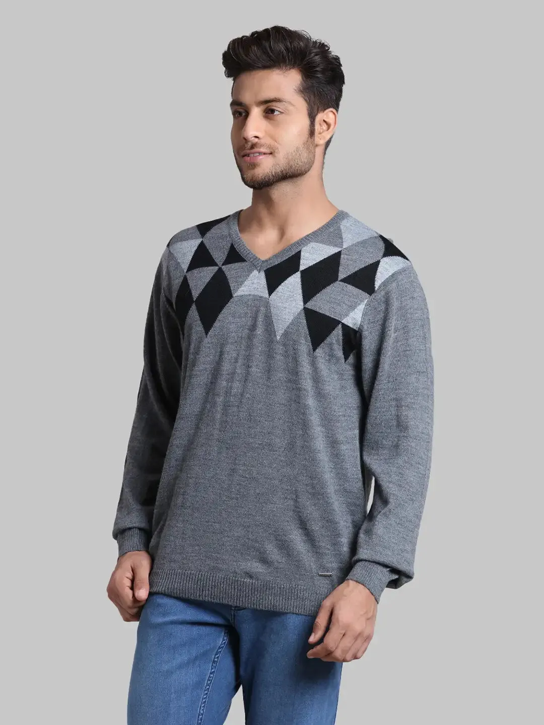 Men Black Regular Fit Argyle Wool Blend Full Sleeve V Neck Collar Sweaters