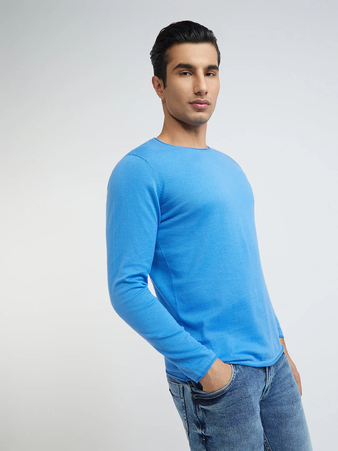 Men Blue Solid Cotton Full Sleeve Sweaters
