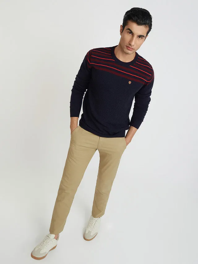 Men Blue Stripe Acrylic Wool Blend Round Collar Sweaters