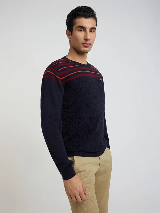 Men Blue Stripe Acrylic Wool Blend Round Collar Sweaters