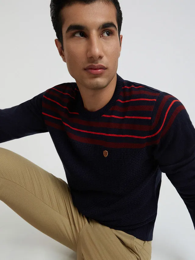 Men Blue Stripe Acrylic Wool Blend Round Collar Sweaters