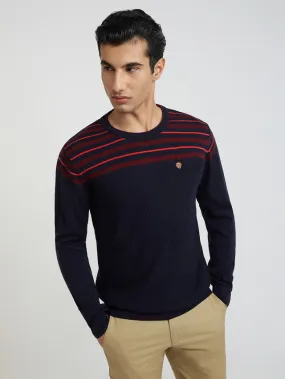 Men Blue Stripe Acrylic Wool Blend Round Collar Sweaters