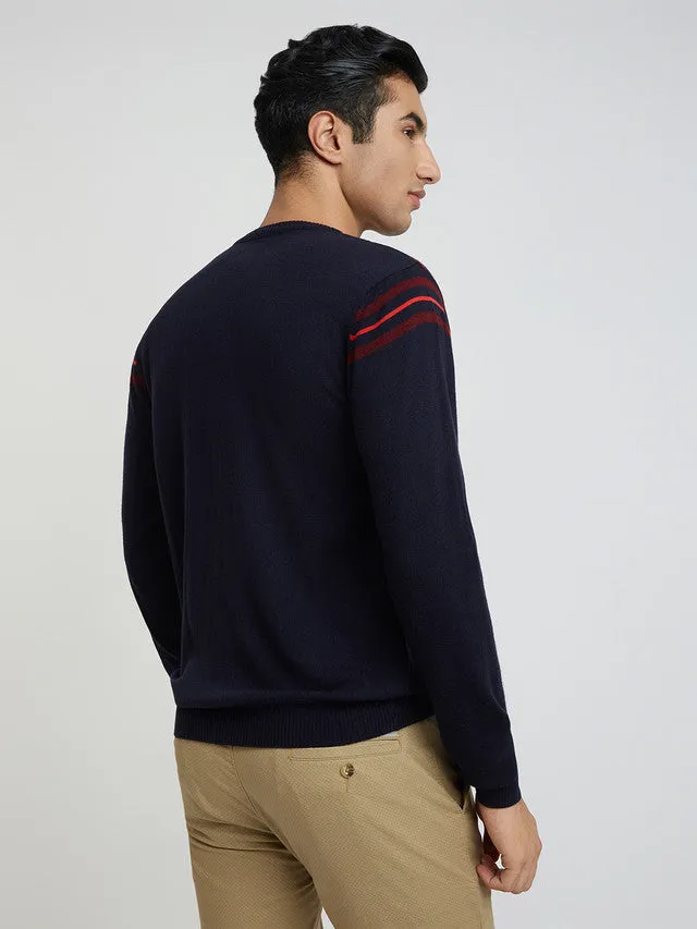 Men Blue Stripe Acrylic Wool Blend Round Collar Sweaters
