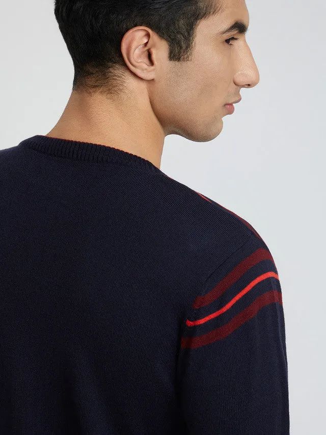 Men Blue Stripe Acrylic Wool Blend Round Collar Sweaters