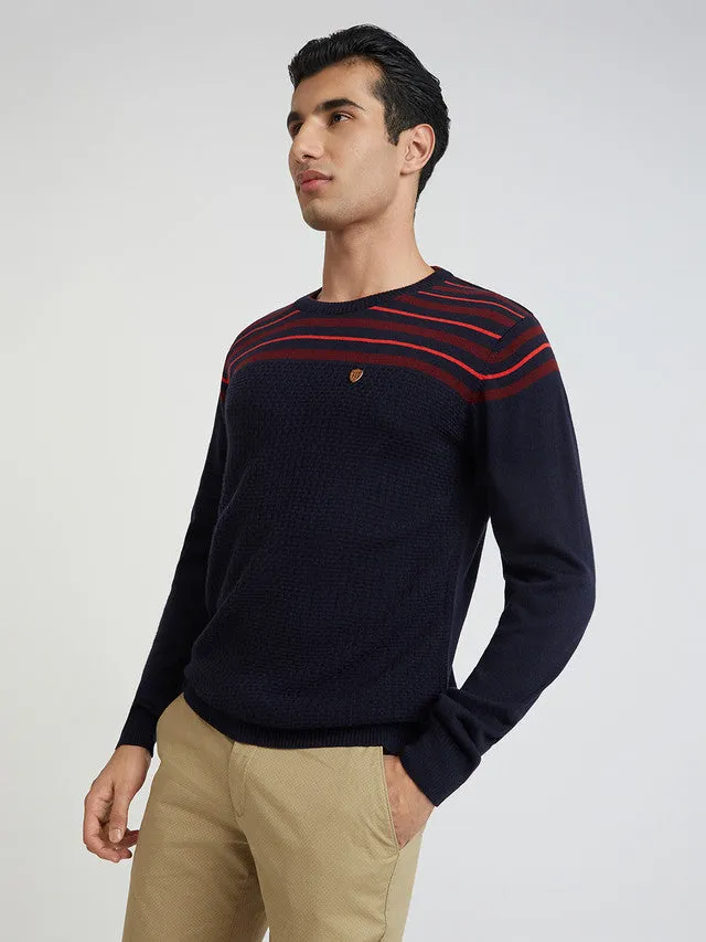 Men Blue Stripe Acrylic Wool Blend Round Collar Sweaters
