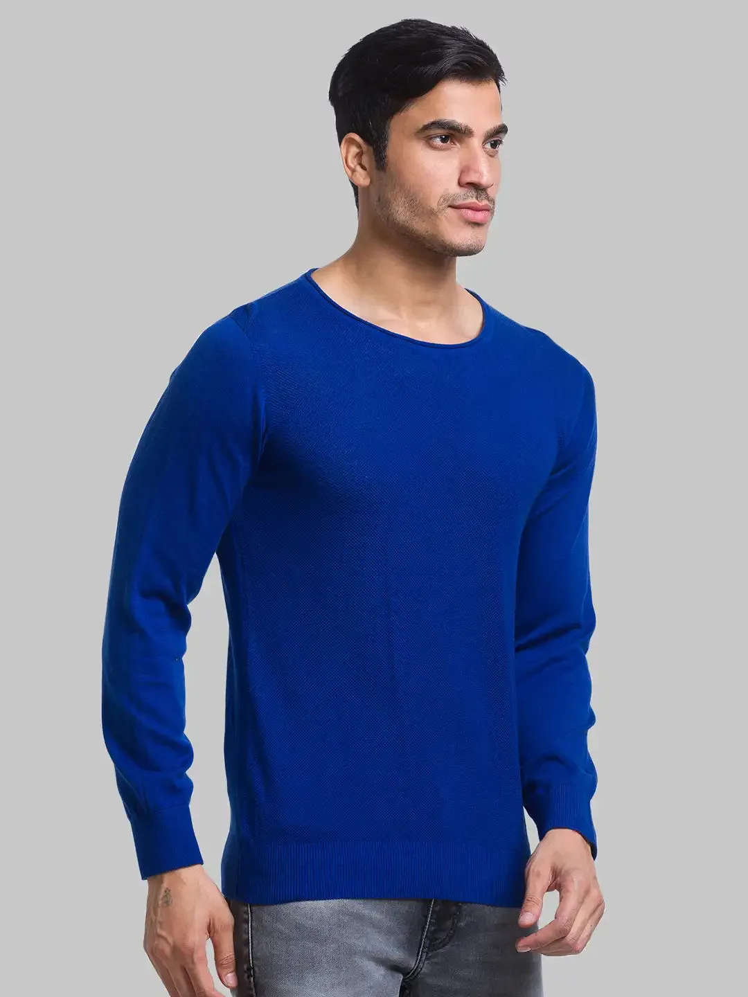 Men Blue Structure Cotton Full Sleeve Sweaters