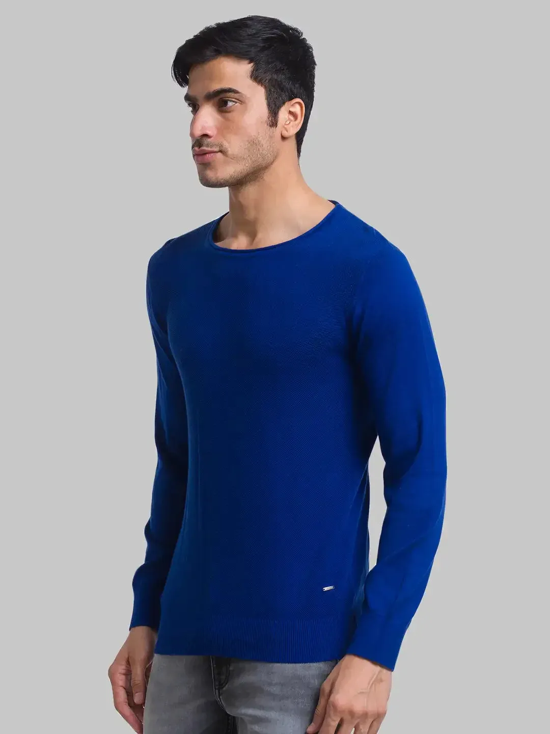 Men Blue Structure Cotton Full Sleeve Sweaters