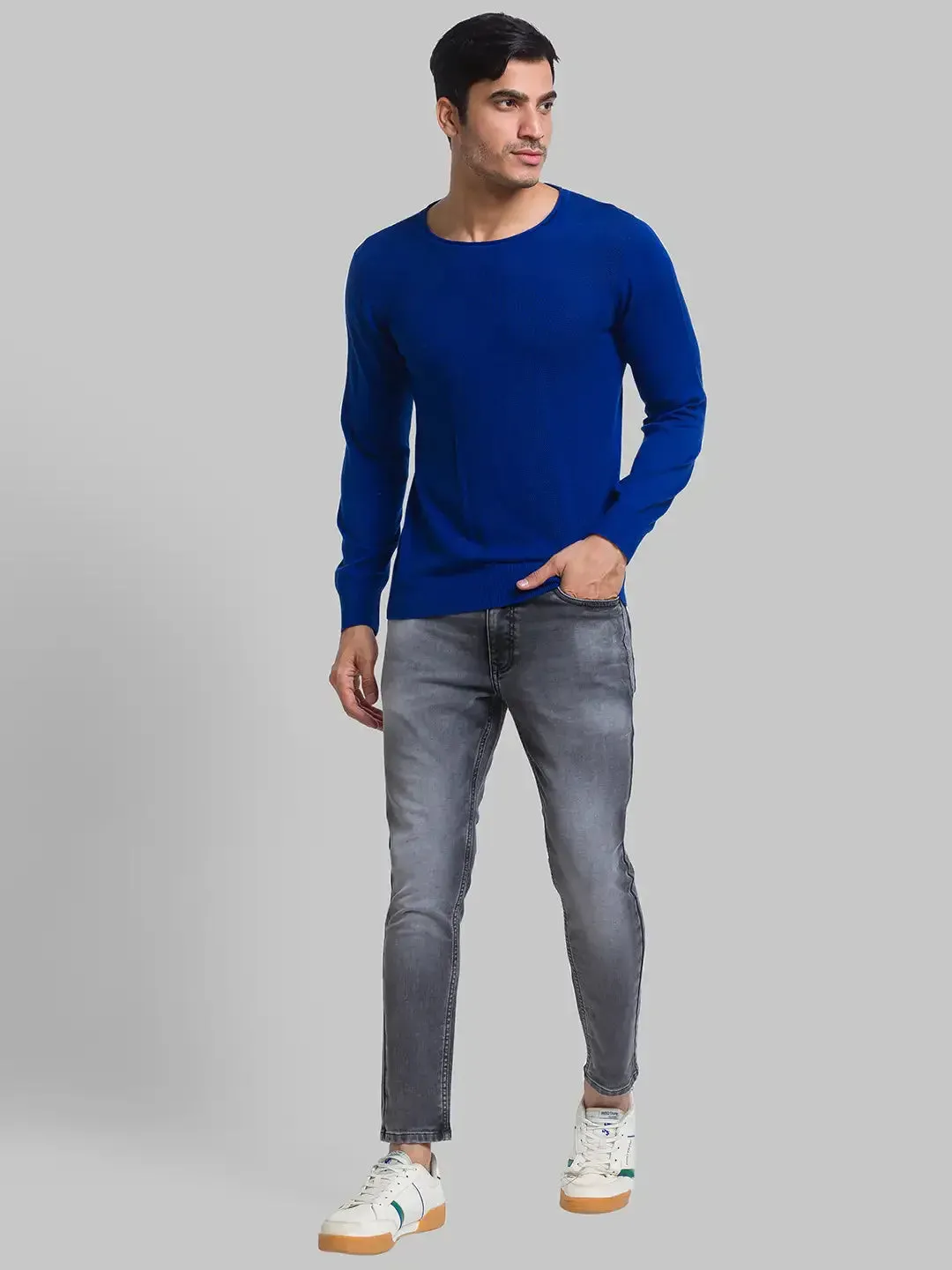 Men Blue Structure Cotton Full Sleeve Sweaters
