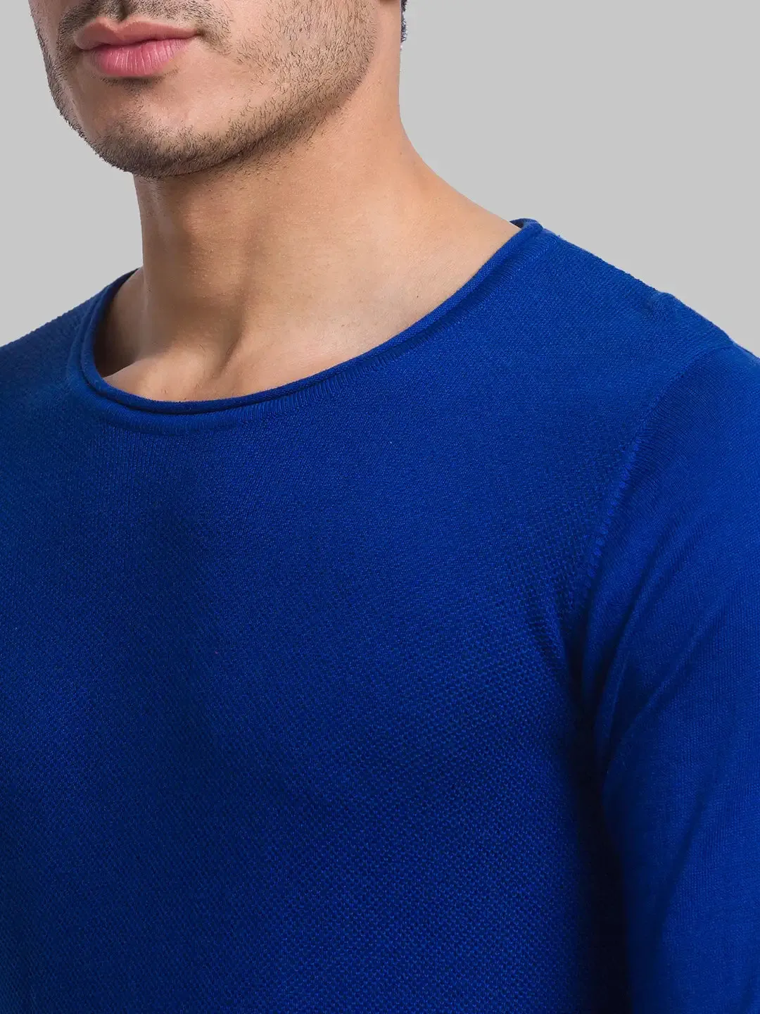 Men Blue Structure Cotton Full Sleeve Sweaters