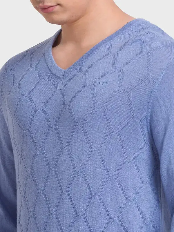 Men Blue Tailored Fit Structure Acrylic Merino Blend Full Sleeve V Neck Collar Sweaters