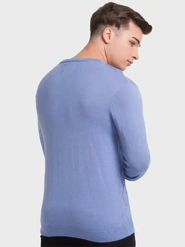 Men Blue Tailored Fit Structure Acrylic Merino Blend Full Sleeve V Neck Collar Sweaters