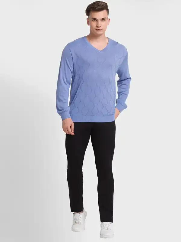 Men Blue Tailored Fit Structure Acrylic Merino Blend Full Sleeve V Neck Collar Sweaters