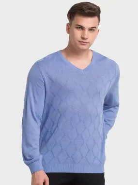 Men Blue Tailored Fit Structure Acrylic Merino Blend Full Sleeve V Neck Collar Sweaters
