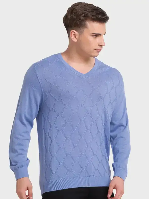 Men Blue Tailored Fit Structure Acrylic Merino Blend Full Sleeve V Neck Collar Sweaters